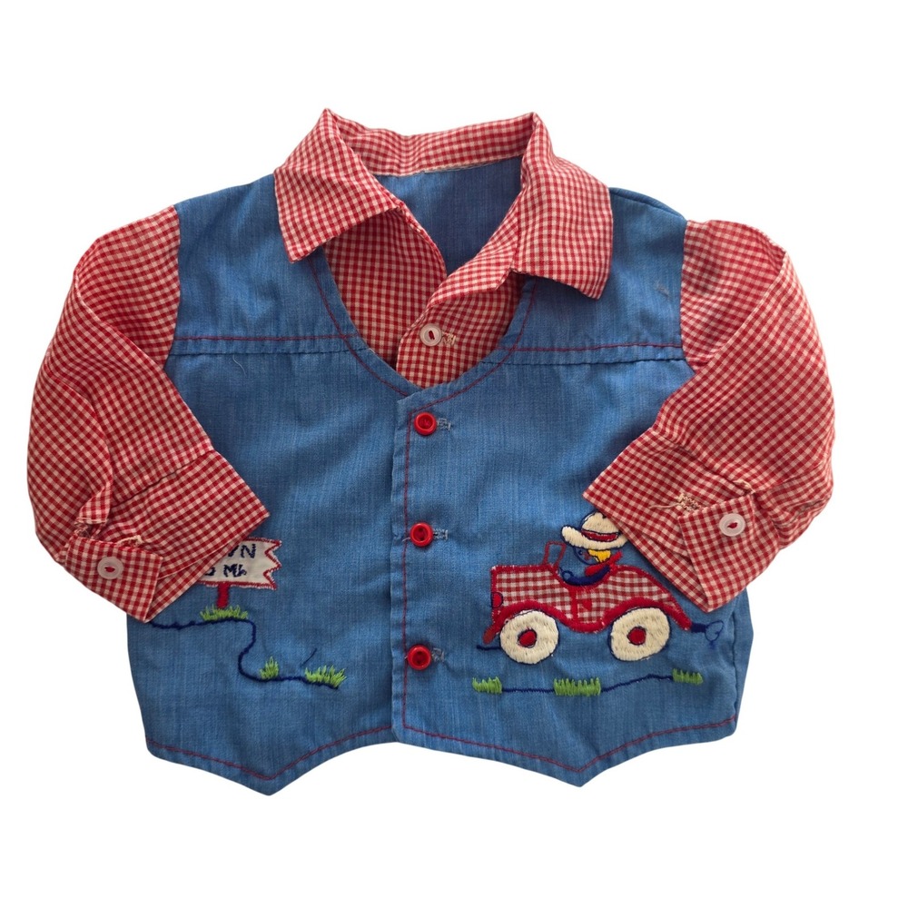 Toddler Boys Red Gingham Tractor Applique‎ Denim Button Front Blue embroidered
